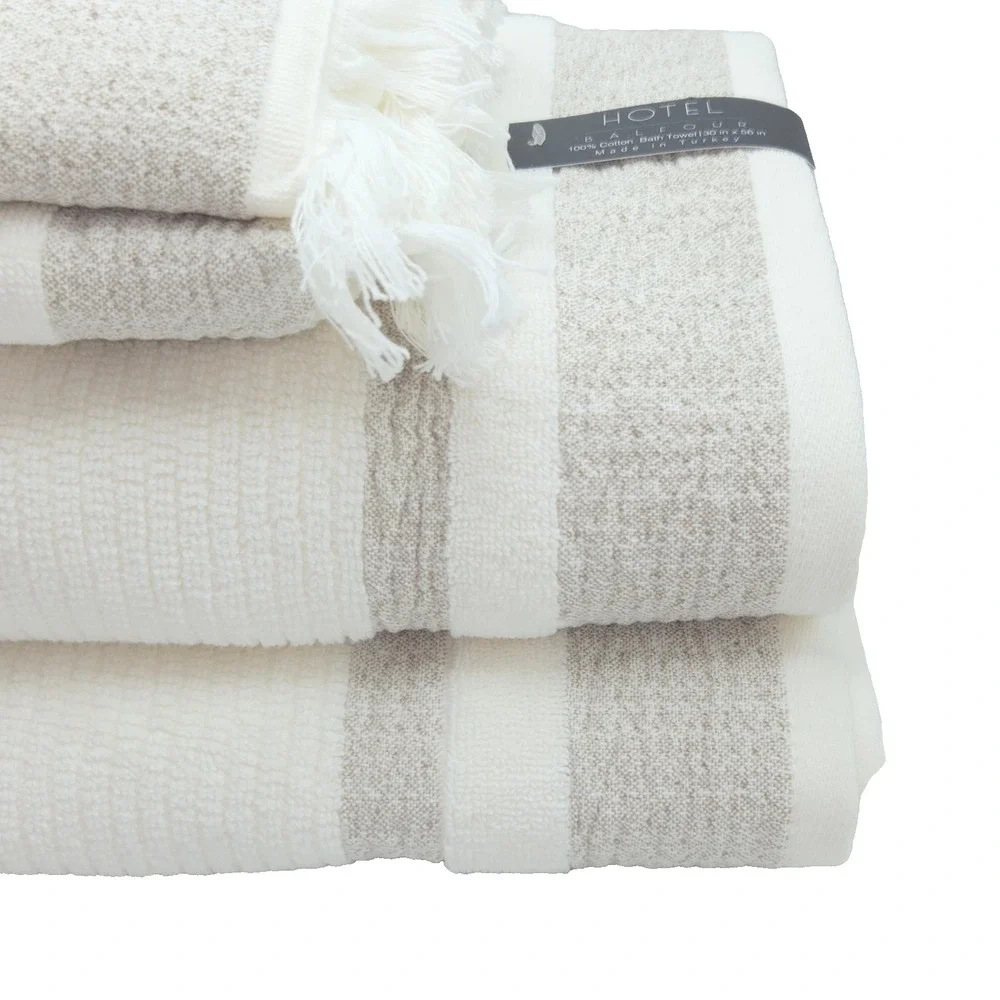 Hotel Balfour 4pc Cream And Taupe Turkish Cotton Towel Set 2 Bath 2 Hand Japandi